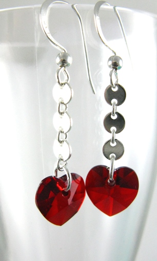 Heart Chain Siam Earrings-Sterling Silver chain earrings with heart crystal in siam