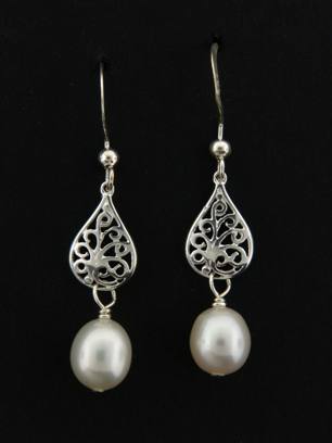 Pearl White Pear Silver Drops Earrings-Pearl White Pear Silver Drops Earrings