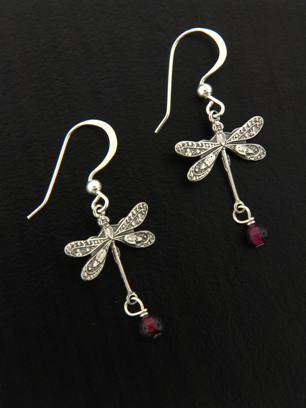 Dragonfly Earrings w/ Garnet-sterling silver dragonfly earrings with garnet gemstone

