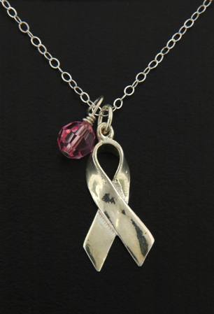 Pink Awareness Necklace-Pink Breast Cancer awareness ribbon necklace in sterling silver with swarovski crystal