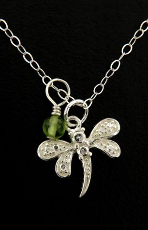 Dragonfly w/ Peridot Necklace-Sterling Silver Dragonfly w/ Peridot Necklace
