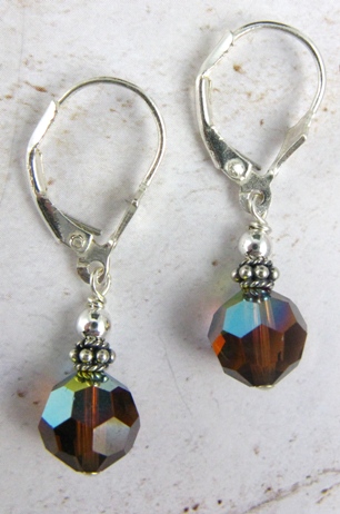Crystal Delight  Smokey Topaz-Round Swarovski Crystal leverback sterling silver earrings 