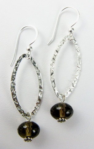 Hammered Leaf w/ Smokey Quartz-Smokey quartz hammered silver earrings