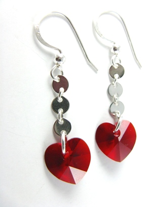 Heart Chain Siam Earrings-Sterling Silver chain earrings with heart crystal in siam