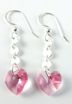 Heart Chain Rose Earrings-Sterling Silver chain earrings with Swarovski Crystal heart in rose.