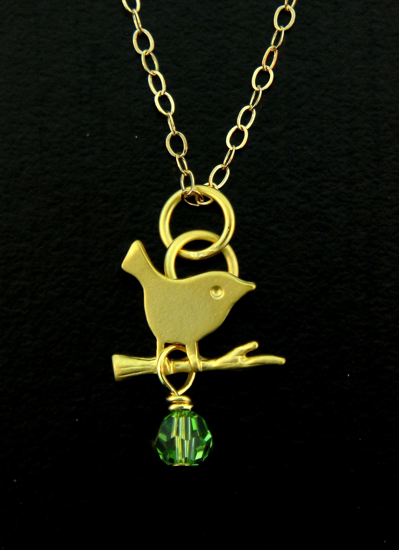 Gold Matte Little Birdie Necklace w/ Peridot Crystal