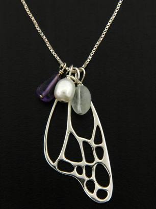 Monarch Butterfly Wing Necklace-Sterling silver Monarch Butterfly Wing Necklace with pearl, aquamarine and amethyst stones