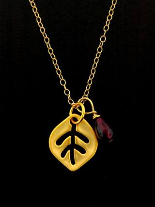 Gold Matte Leaf Necklace with Garnet