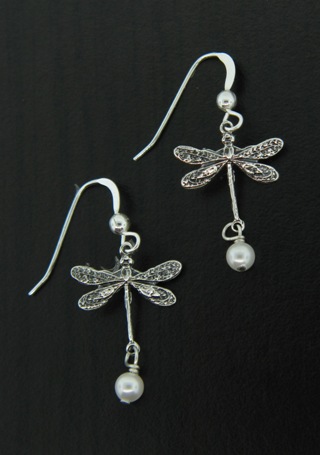 Dragonfly Earrings w/ Crystal White Pearl