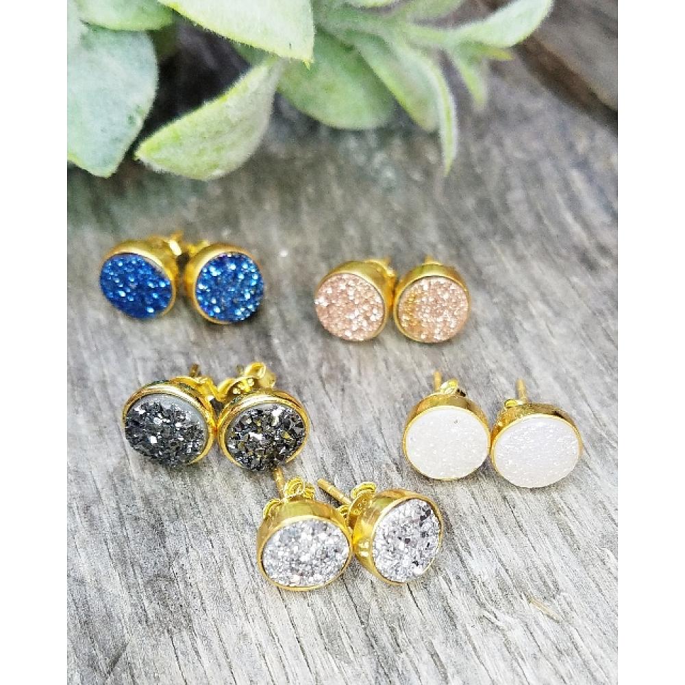 Gold Druzy Quartz Studs Earrings 9mm Rainbow White by Sosie