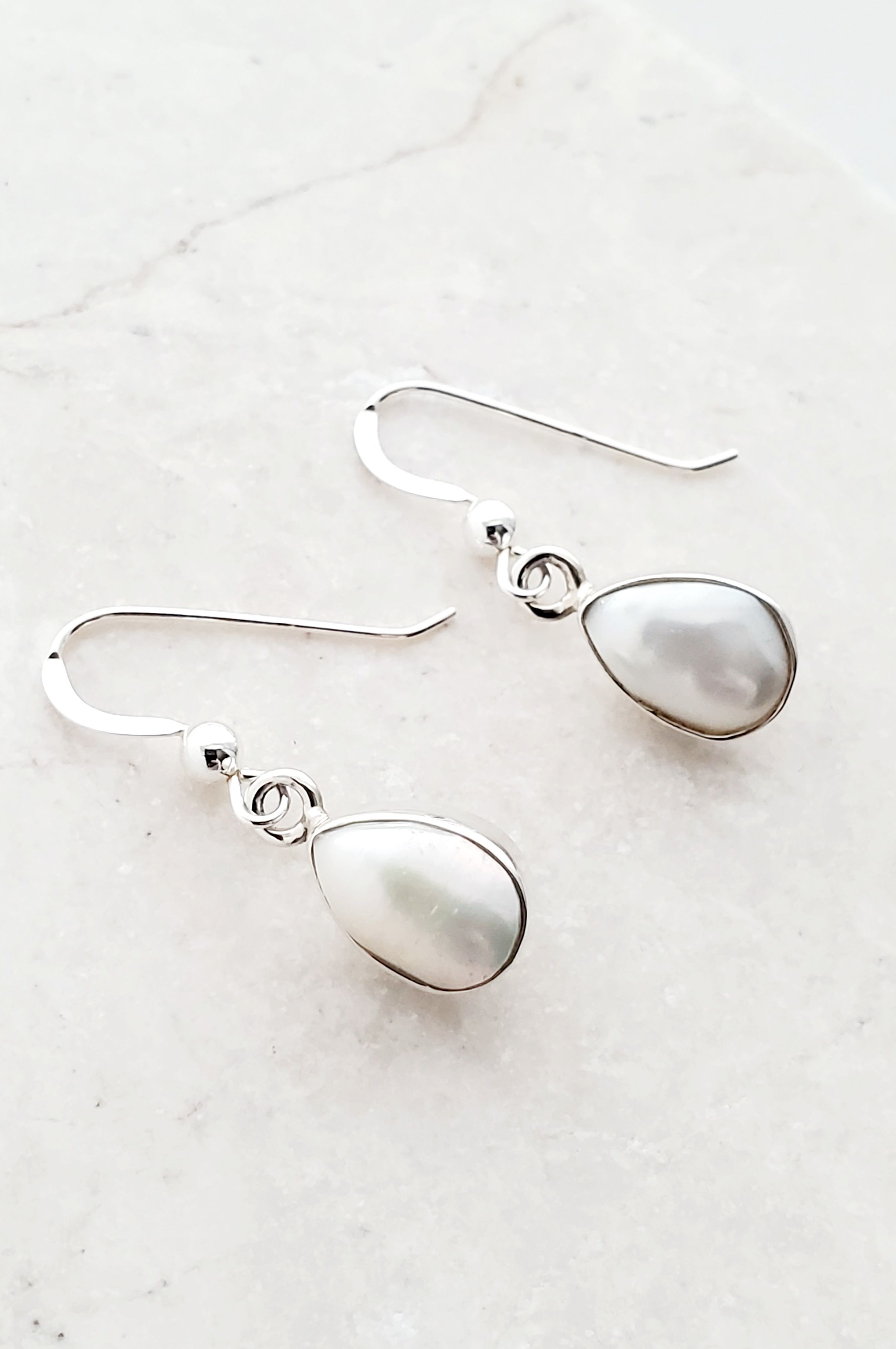 Sterling Silver Bezeled Teardrop Earring - Pearl
