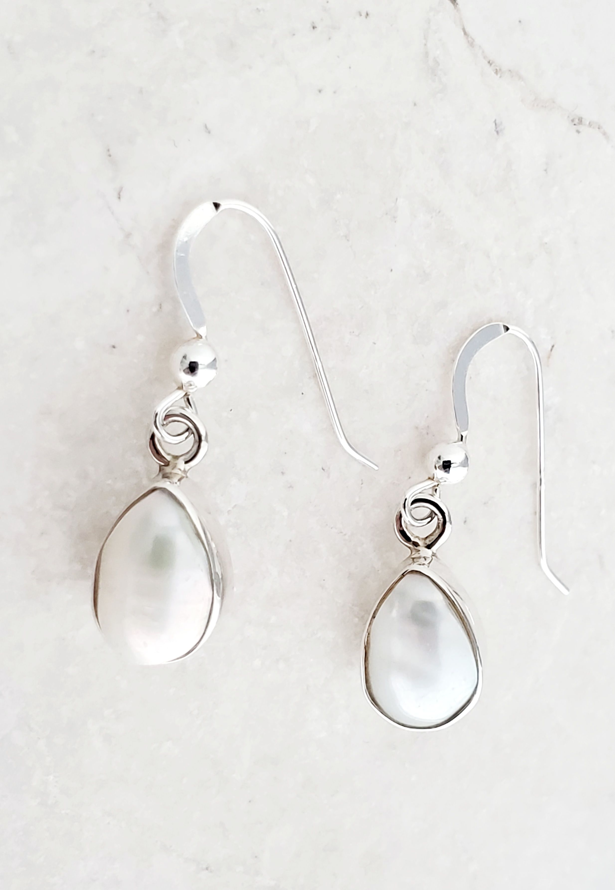 Sterling Silver Bezeled Teardrop Earring - Pearl