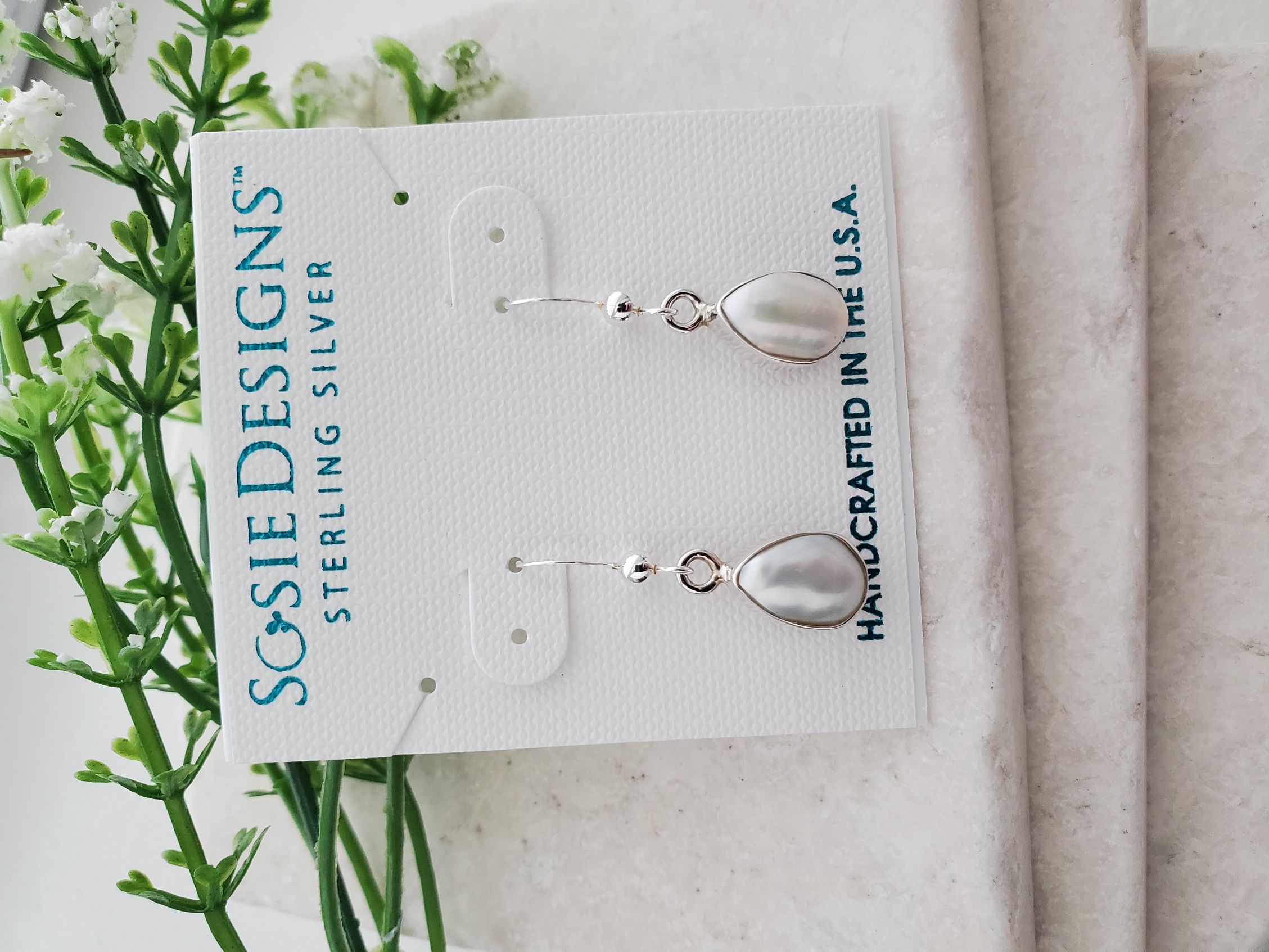 Sterling Silver Bezeled Teardrop Earring - Pearl