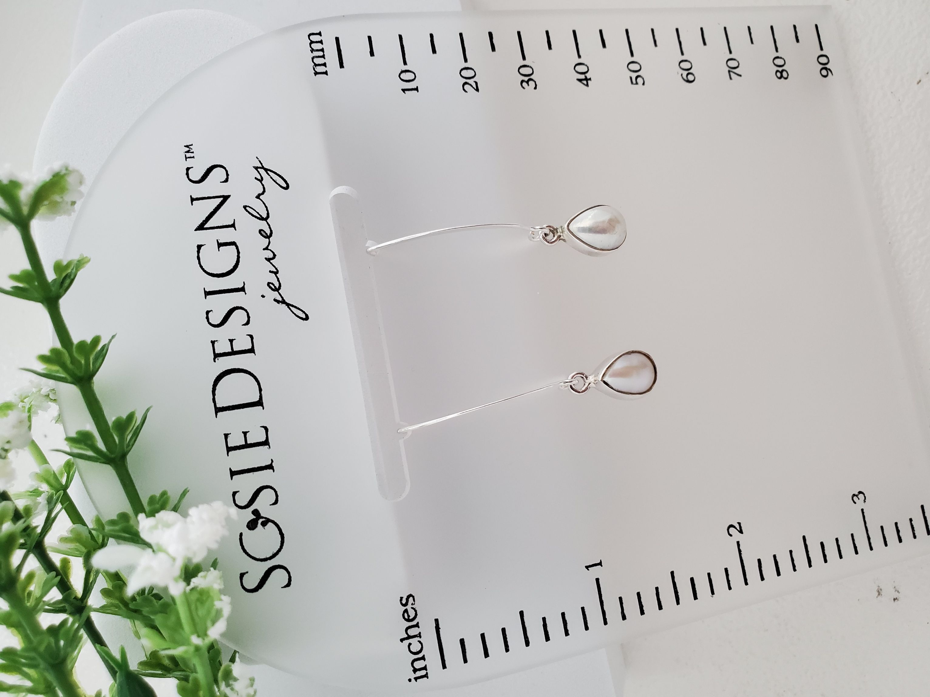 Sterling Silver Flat Marquis Bezeled Teardrop Earring - Pearl
