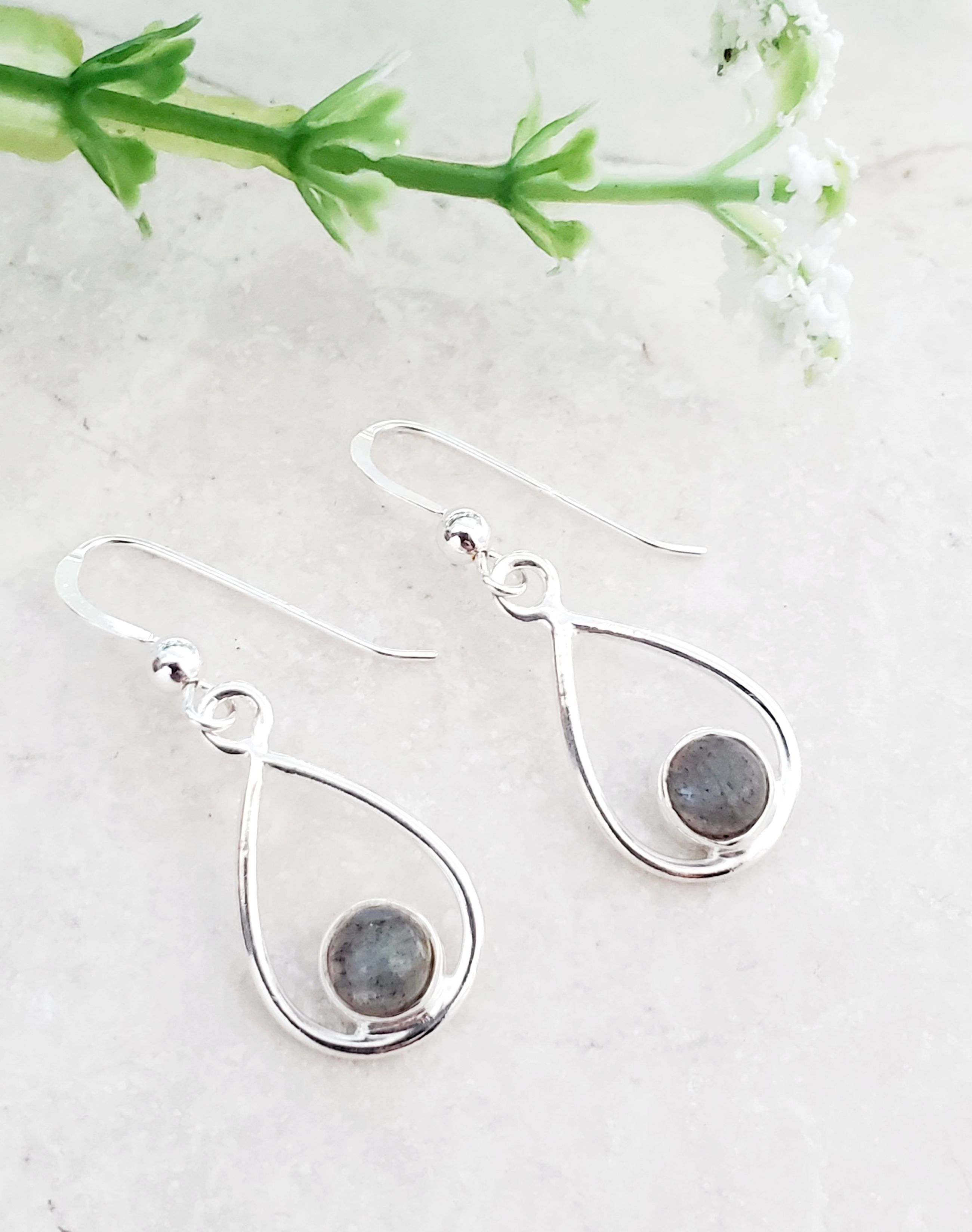 Sterling Silver Teardrop w/ Gemstone Earrings - Rainbow Moonstone