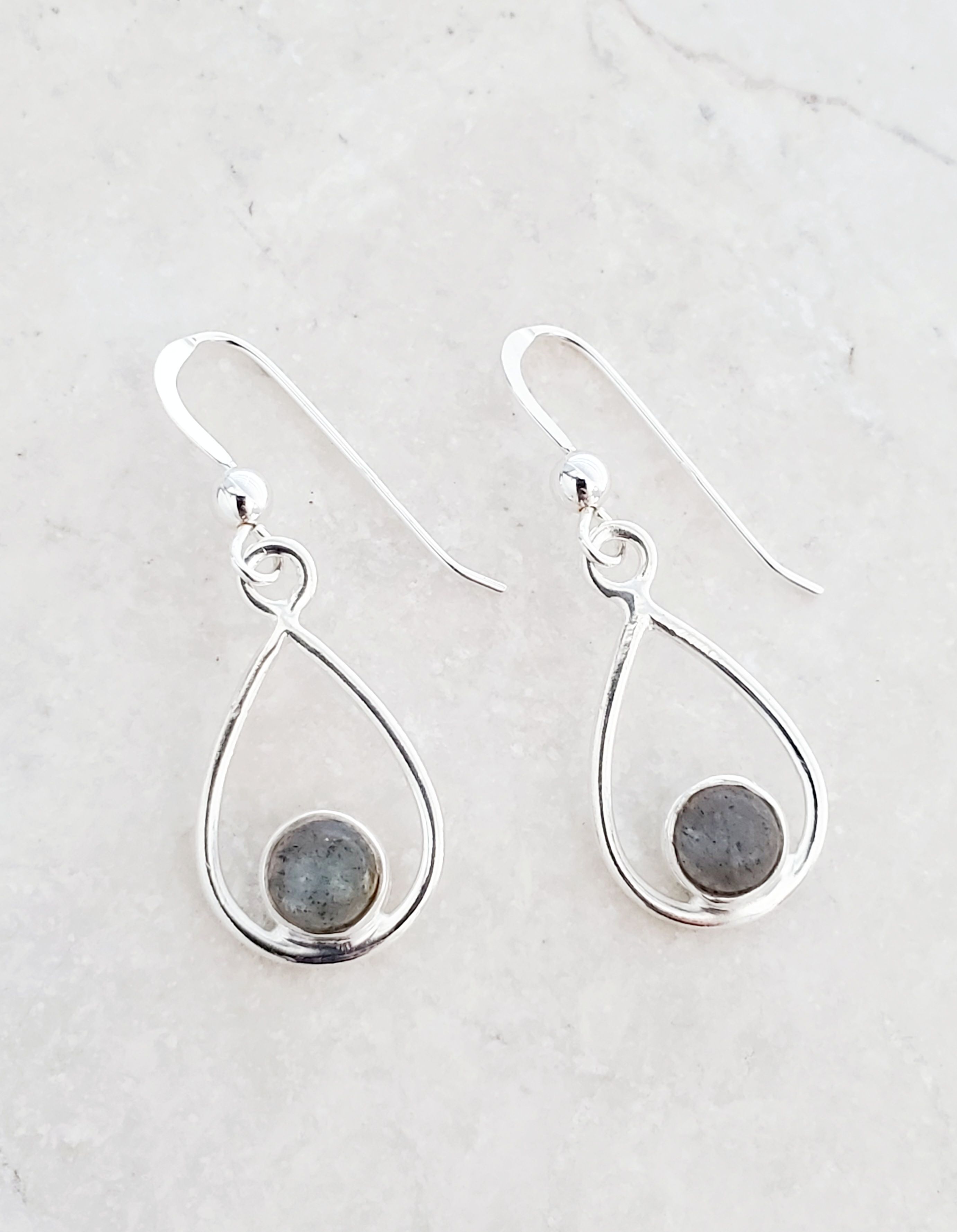 Sterling Silver Teardrop w/ Gemstone Earrings - Rainbow Moonstone