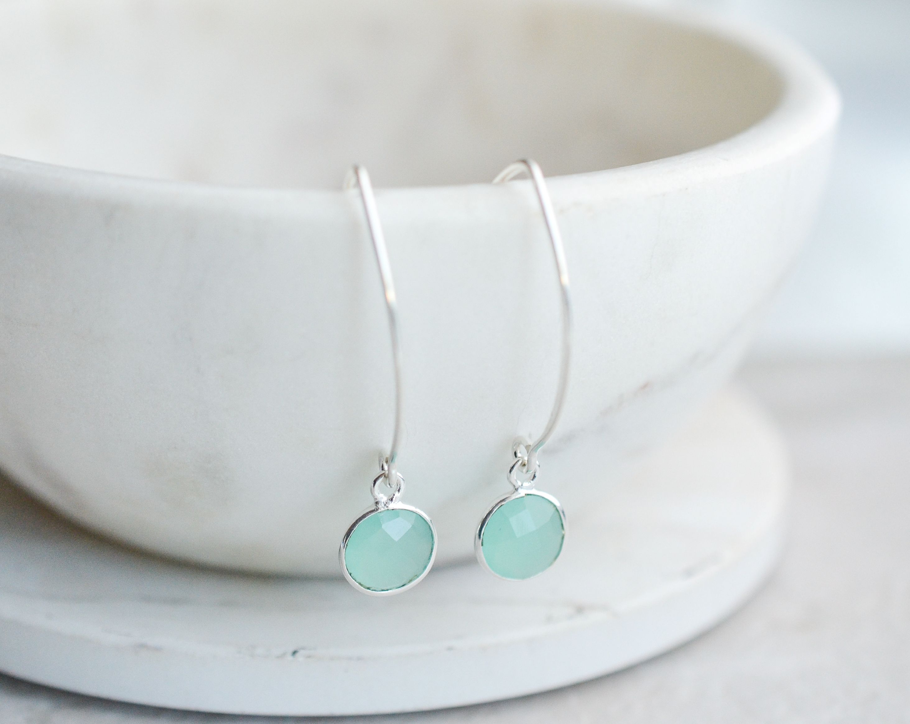 Silver Medium Marquis Round Gemstone  Earrings - Chalcedony