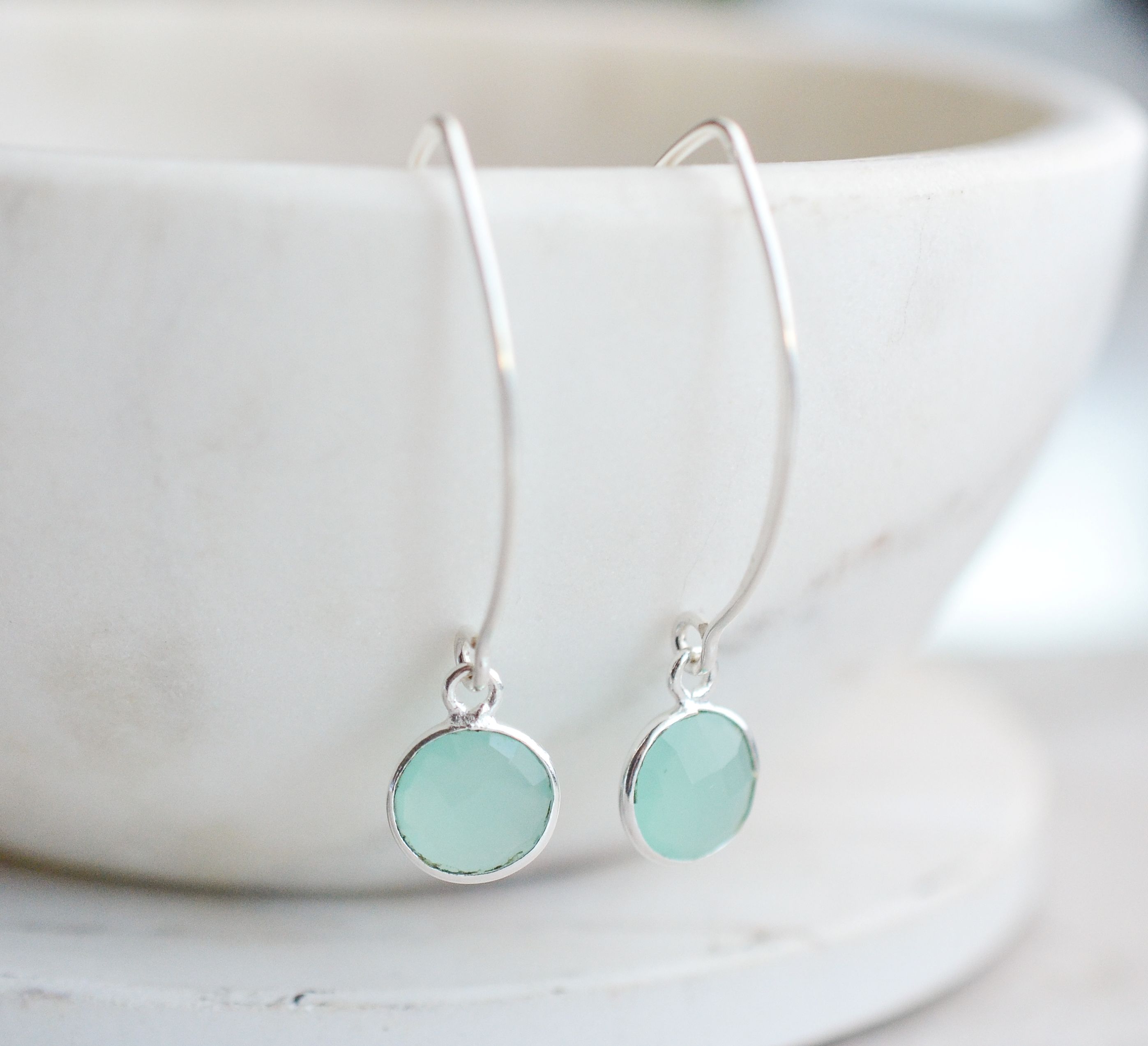 Silver Medium Marquis Round Gemstone  Earrings - Chalcedony