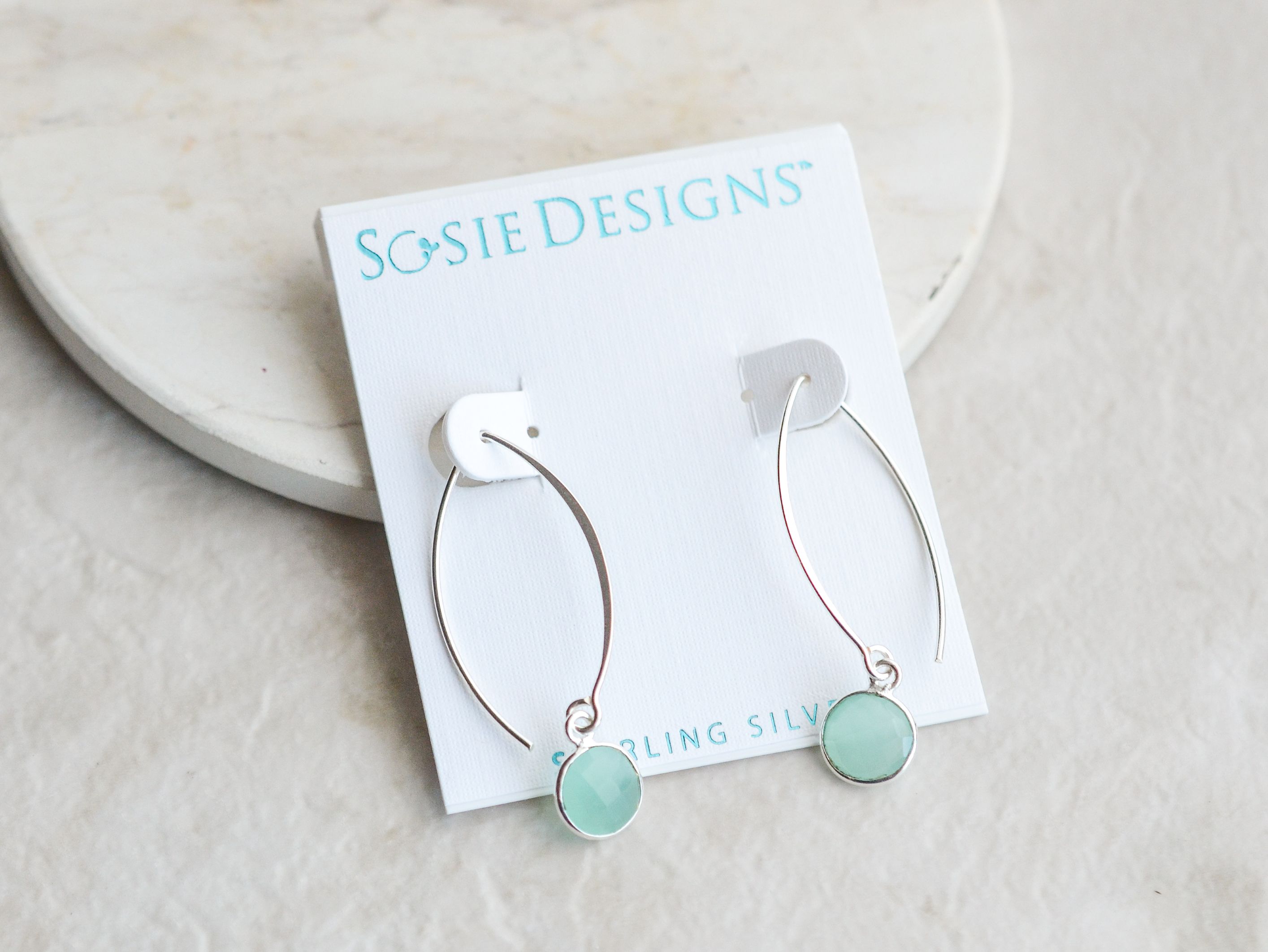 Silver Medium Marquis Round Gemstone  Earrings - Chalcedony