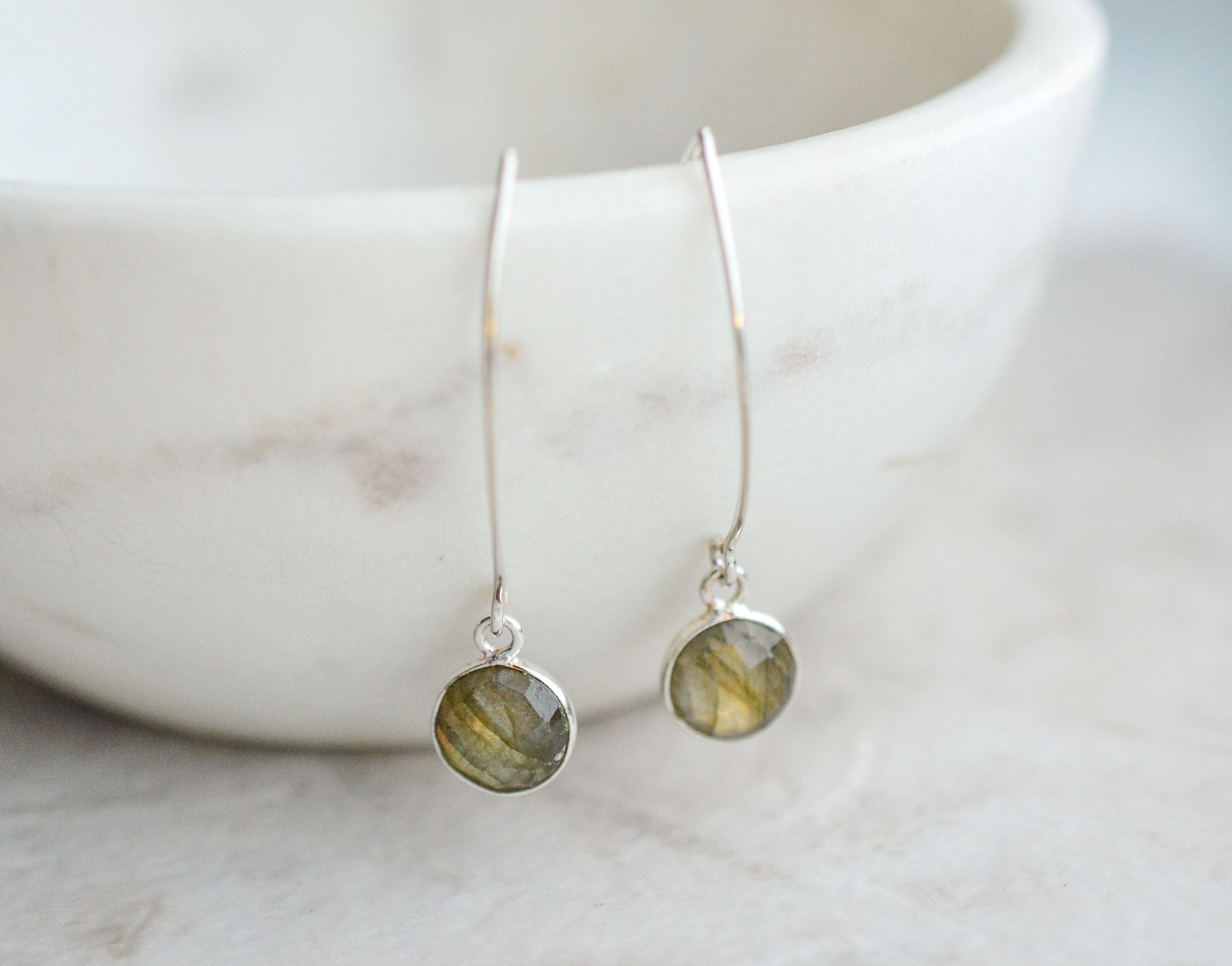 Silver Medium Marquis Round Gemstone Earrings - Labradorite