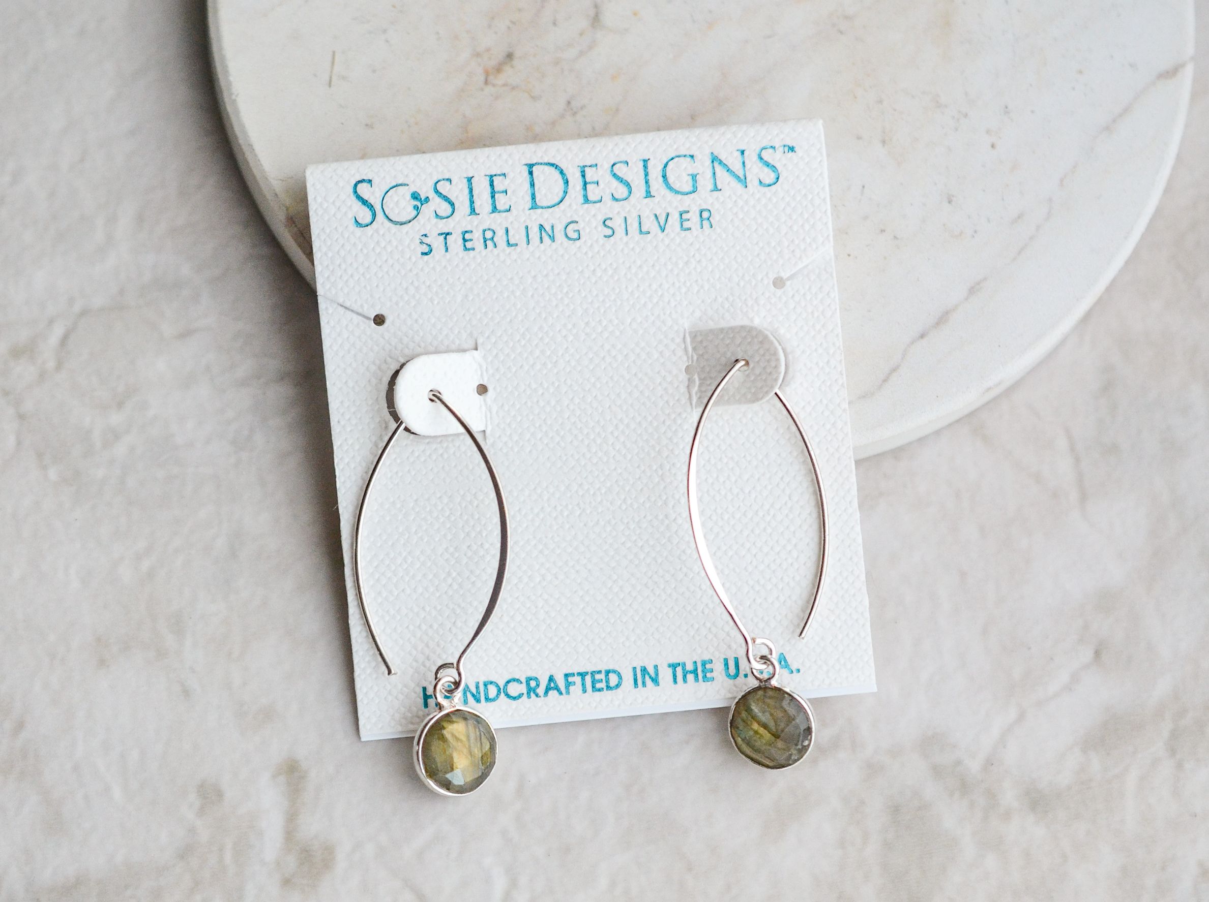 Silver Medium Marquis Round Gemstone Earrings - Labradorite