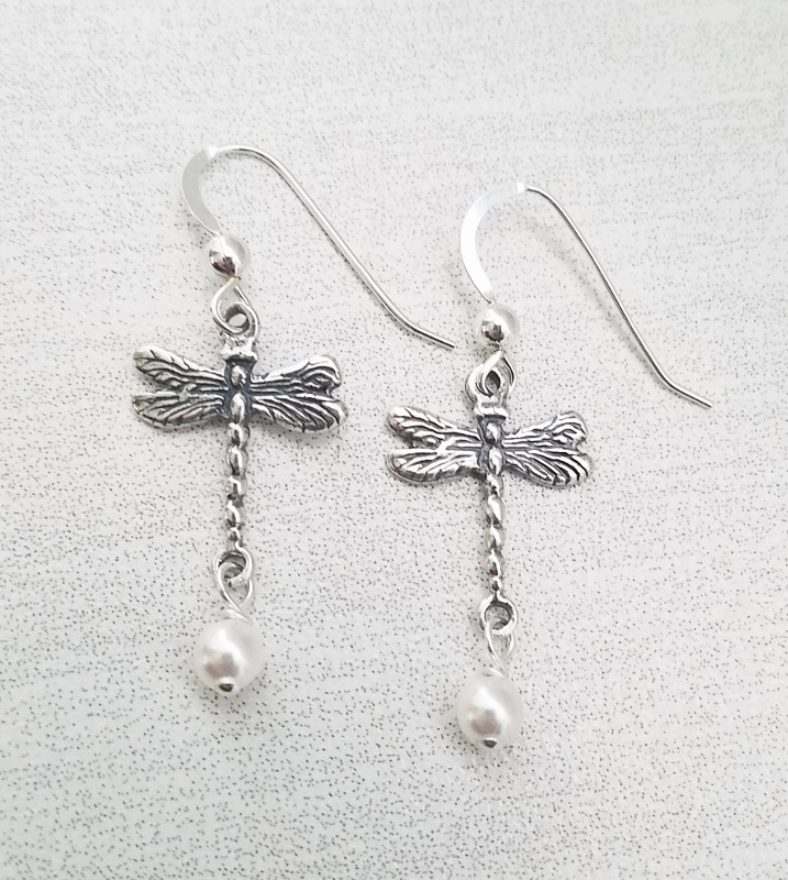 Dragonfly Earrings w/ Crystal White Pearl