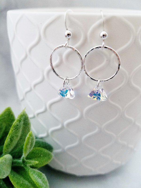 Hammered Hoop with Triangle Crystal Earrings - Clear AB