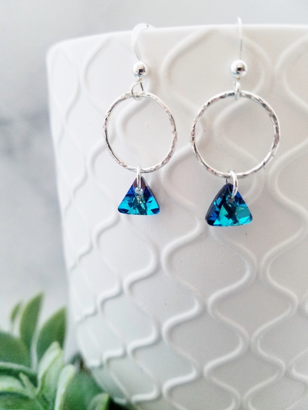 Hammered Hoop with Triangle Crystal Earrings - Bermuda Blue