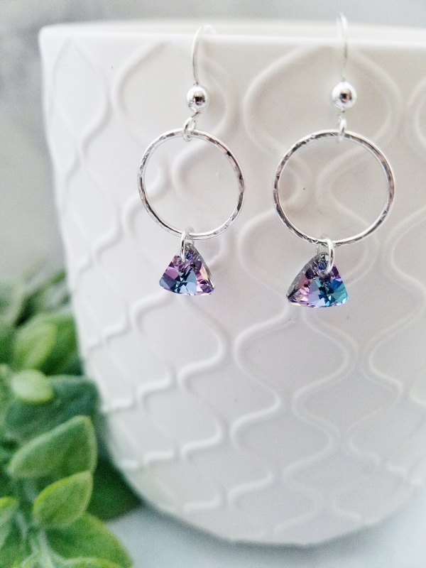 Hammered Hoop with Triangle Crystal Earrings - Vitrail Purple