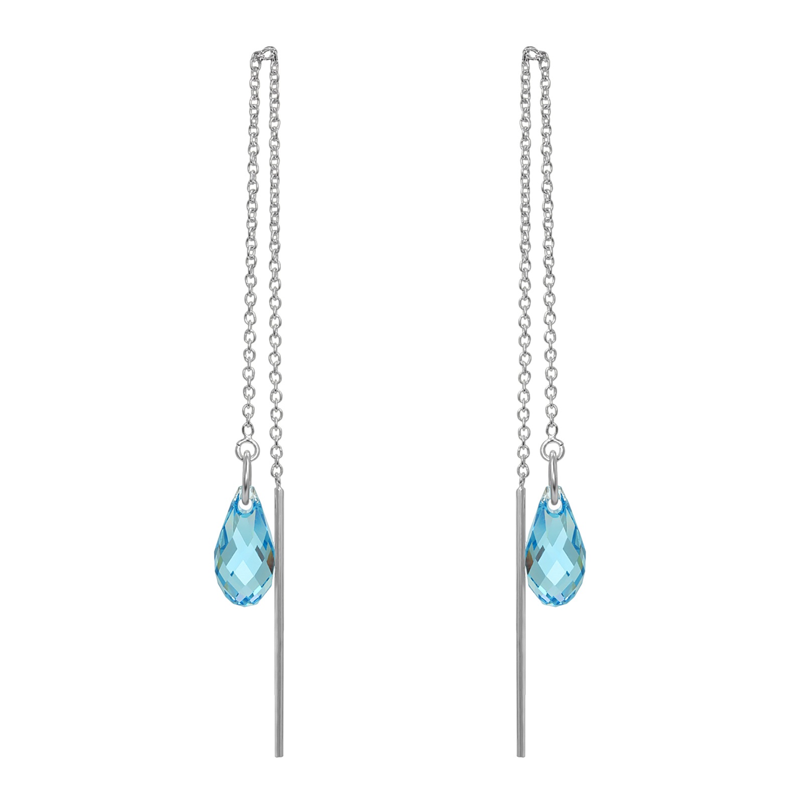 Crystal Briolette Threader Earrings -  Crystals Elements Aqua Blue