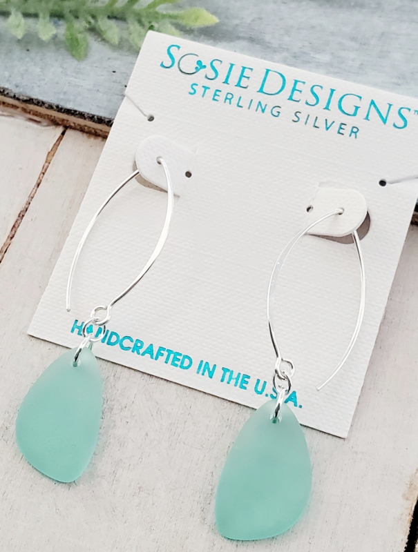 Eco Sea Glass Marquis Pebble Earrings - Autumn Green