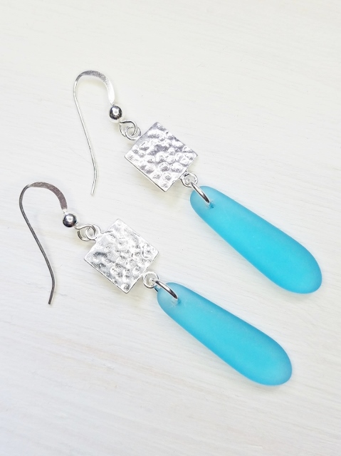 Eco Sea Glass Hammered Tile Earrings - Turquoise