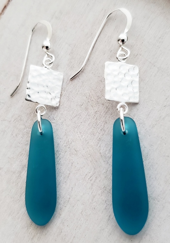 Eco Sea Glass Hammered Tile Earrings - Teal