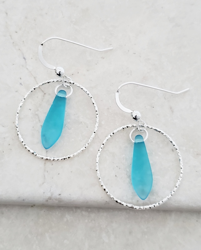Silver Diamond Cut Eco Sea Glass Dagger Earrings - Turquoise
