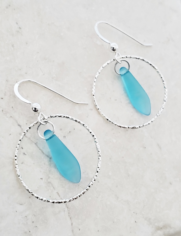Silver Diamond Cut Eco Sea Glass Dagger Earrings - Turquoise