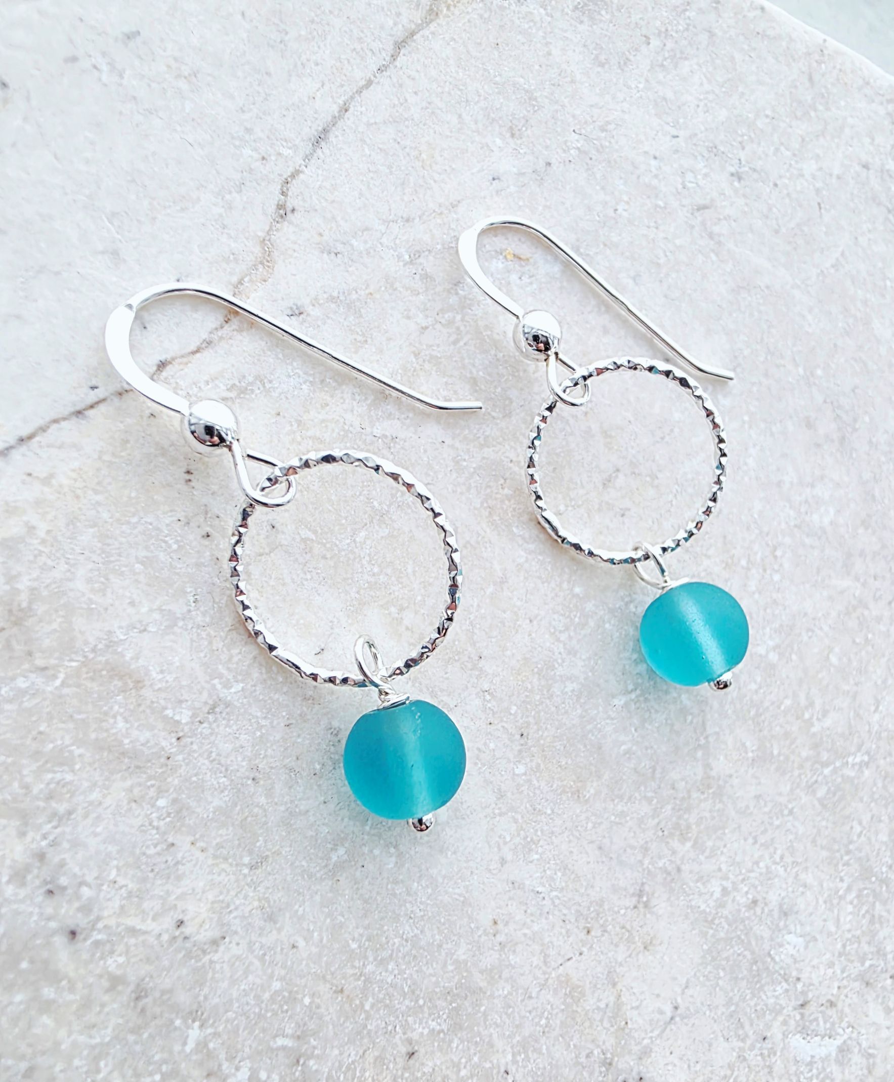 Cultured Sea Glass Diamond Cut Earrings - Turquoise