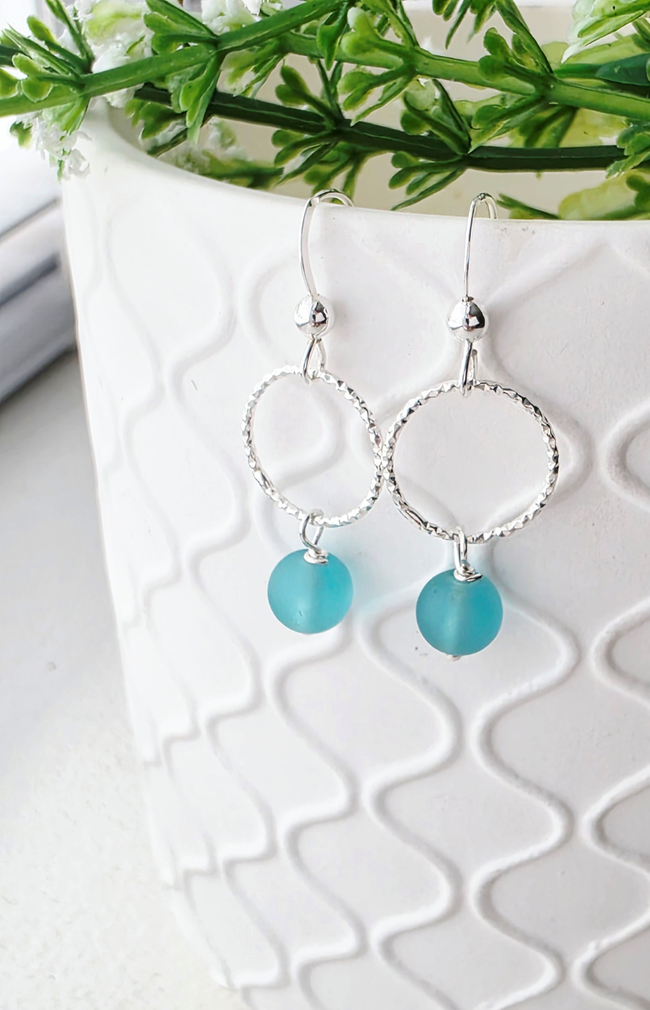 Cultured Sea Glass Diamond Cut Earrings - Turquoise