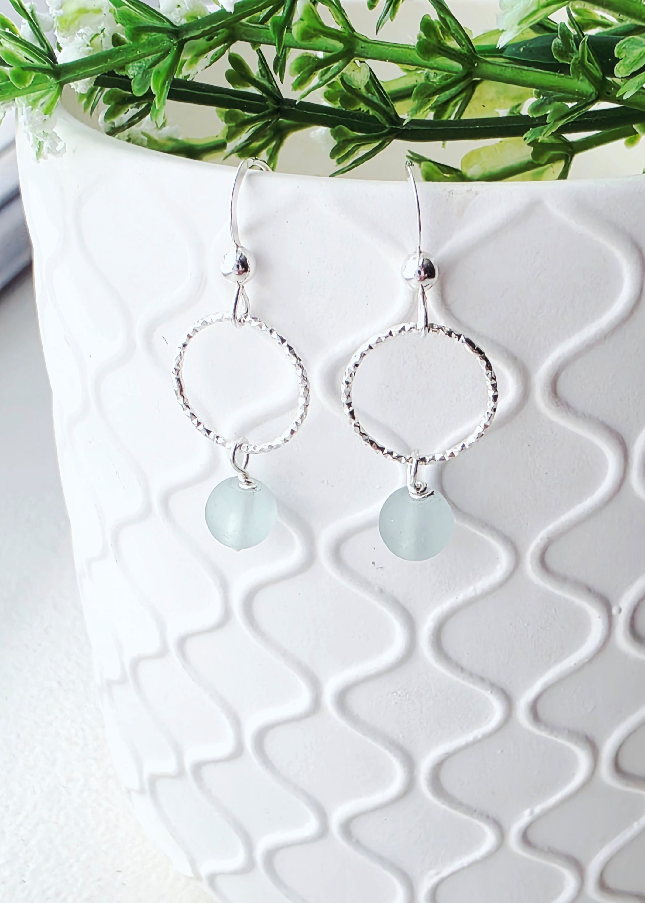 Cultured Sea Glass Diamond Cut Earrings - Sea Foam