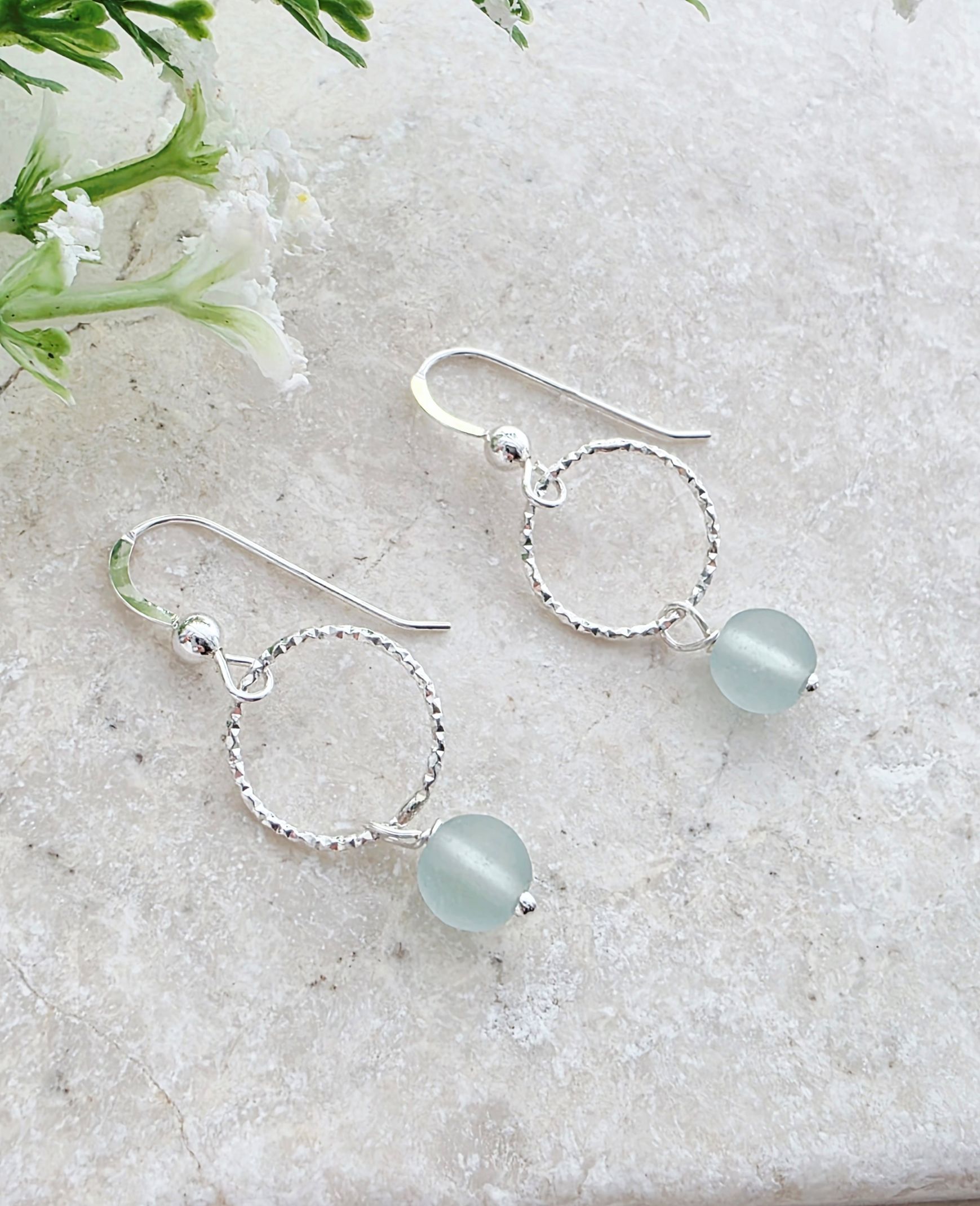 Cultured Sea Glass Diamond Cut Earrings - Sea Foam