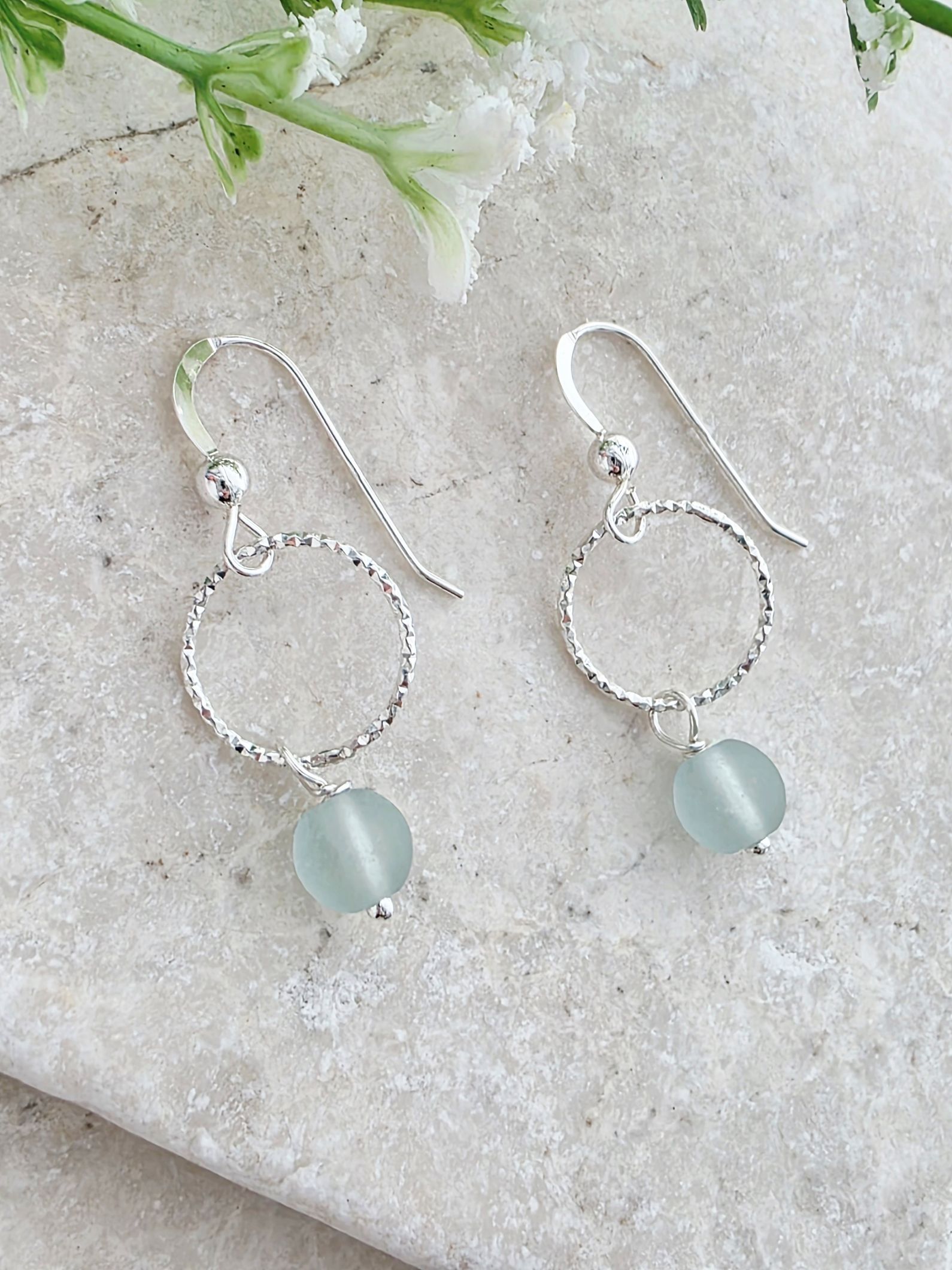 Cultured Sea Glass Diamond Cut Earrings - Sea Foam