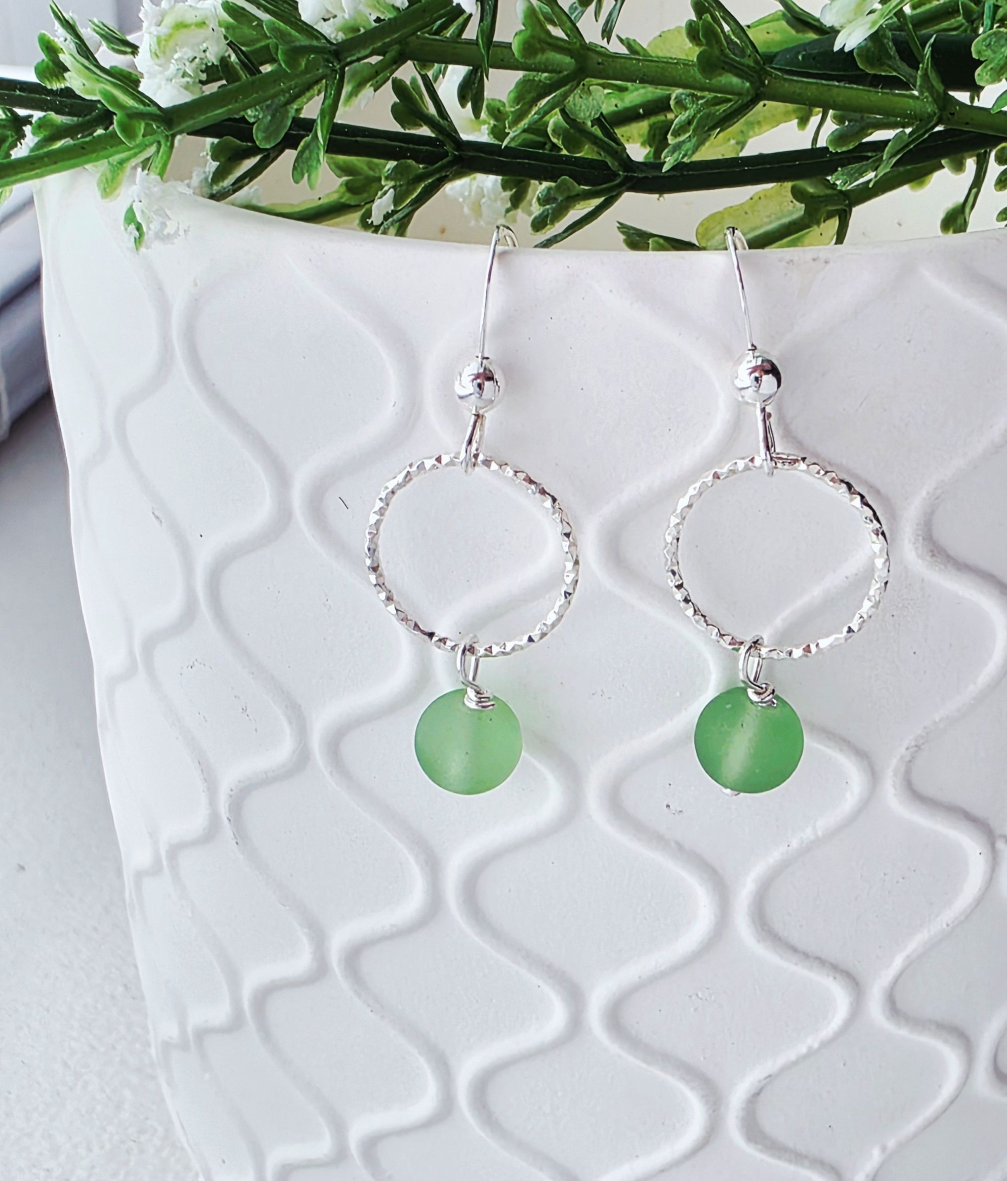 Cultured Sea Glass Diamond Cut Earrings - Peridot