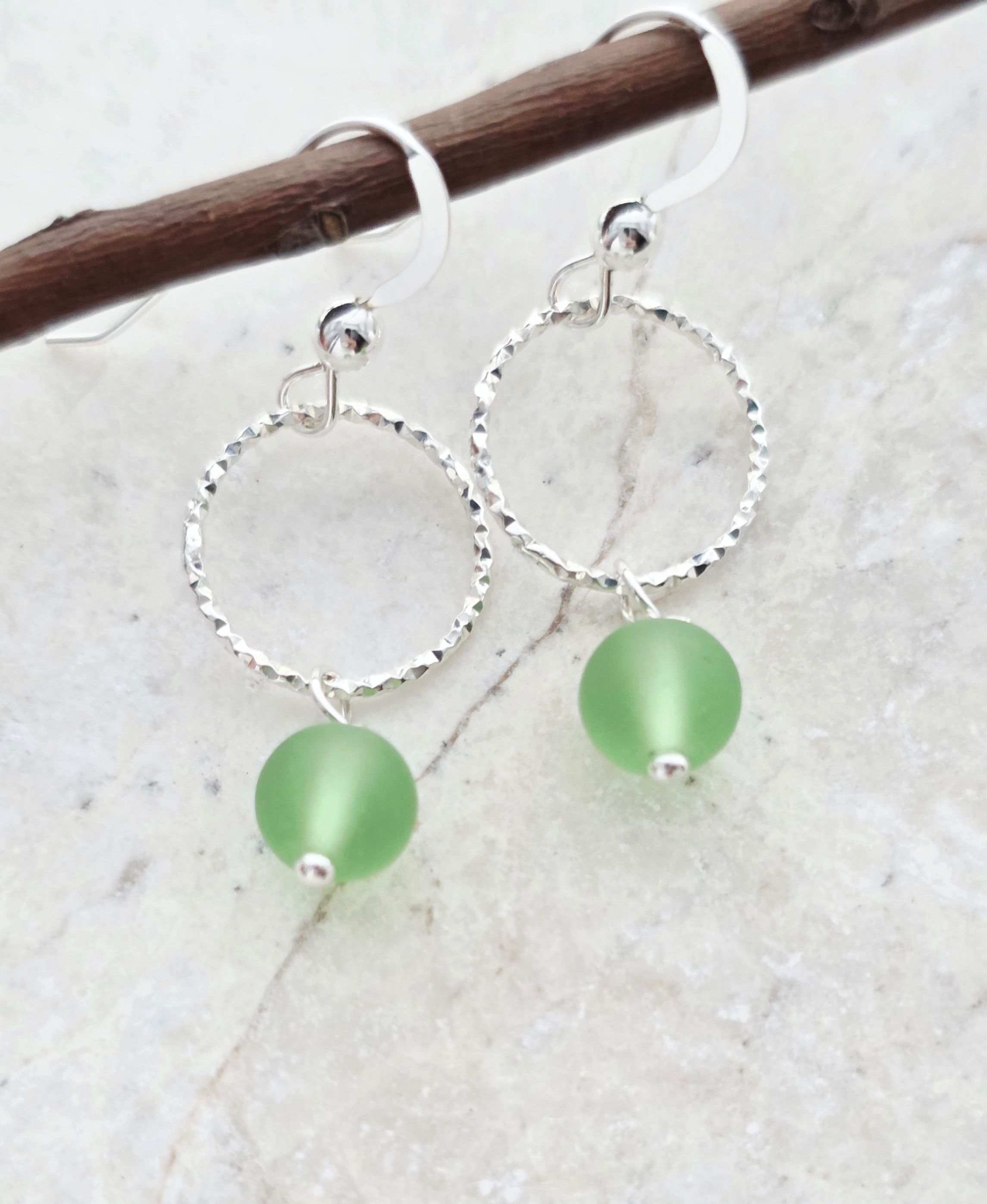 Cultured Sea Glass Diamond Cut Earrings - Peridot