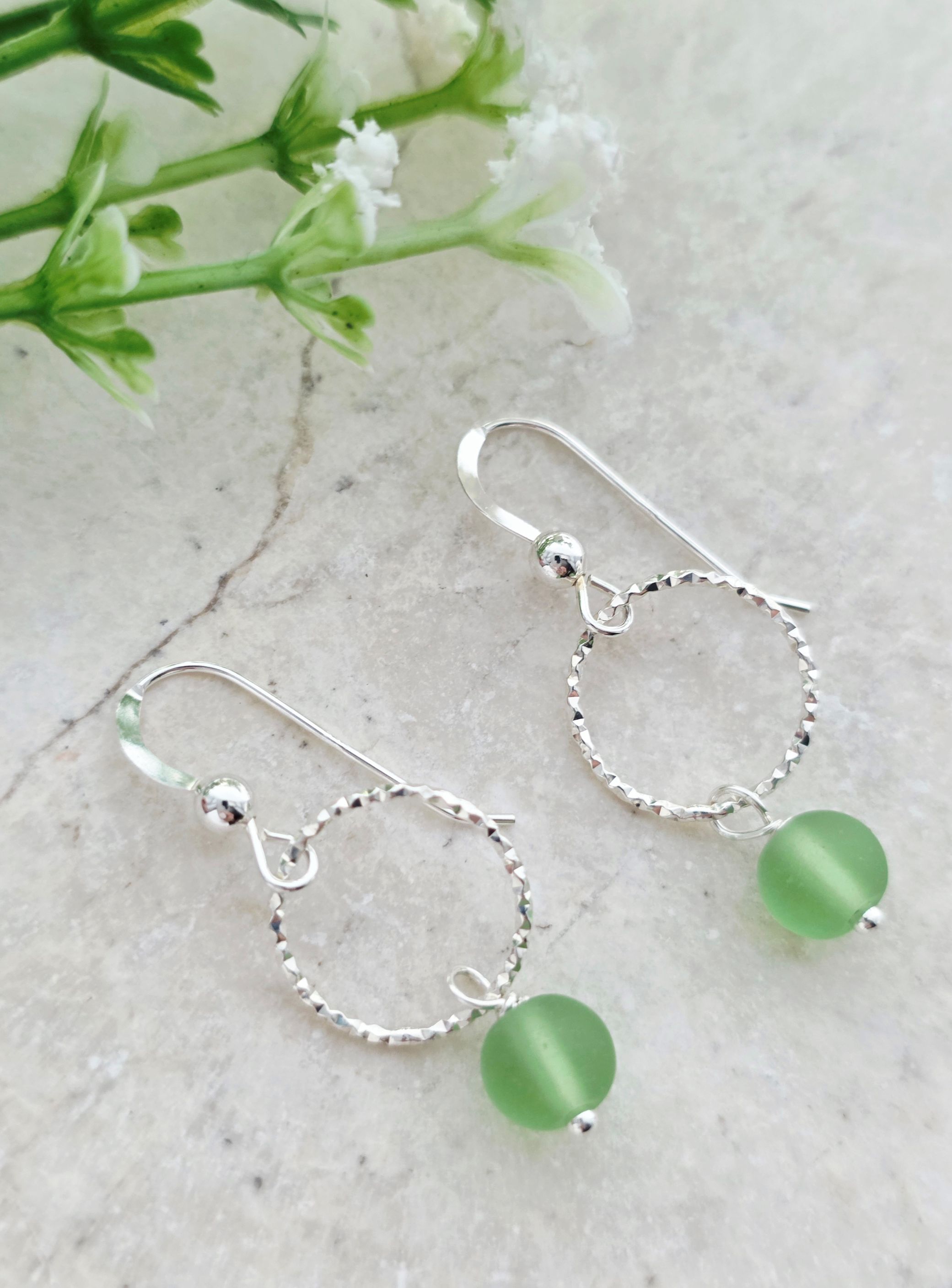 Cultured Sea Glass Diamond Cut Earrings - Peridot