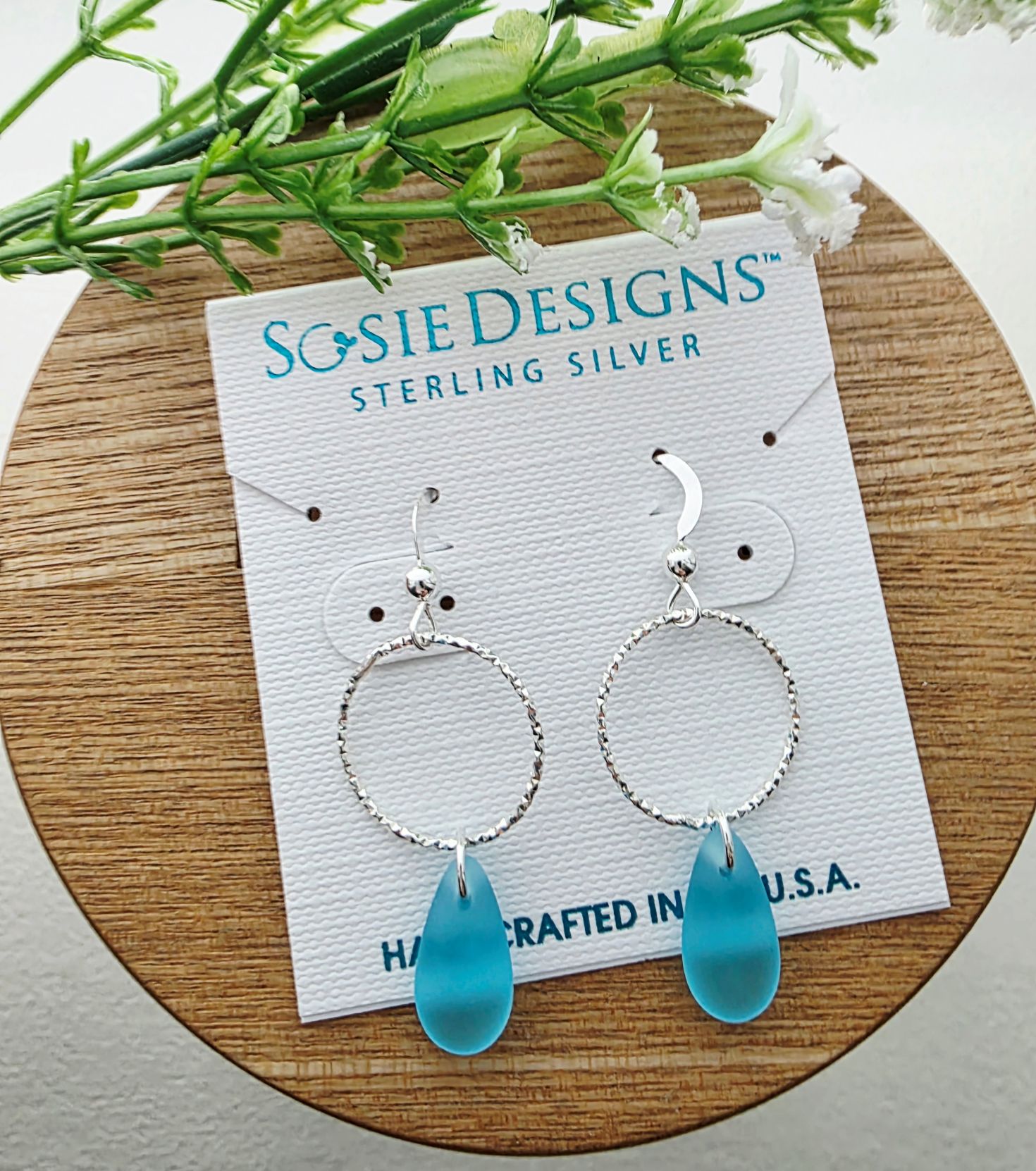 Cultured Sea Glass Diamond Cut Teardrop Earrings - Turquoise