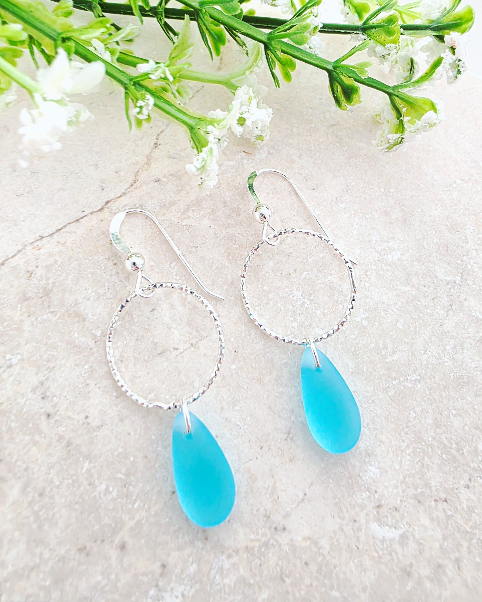 Cultured Sea Glass Diamond Cut Teardrop Earrings - Turquoise