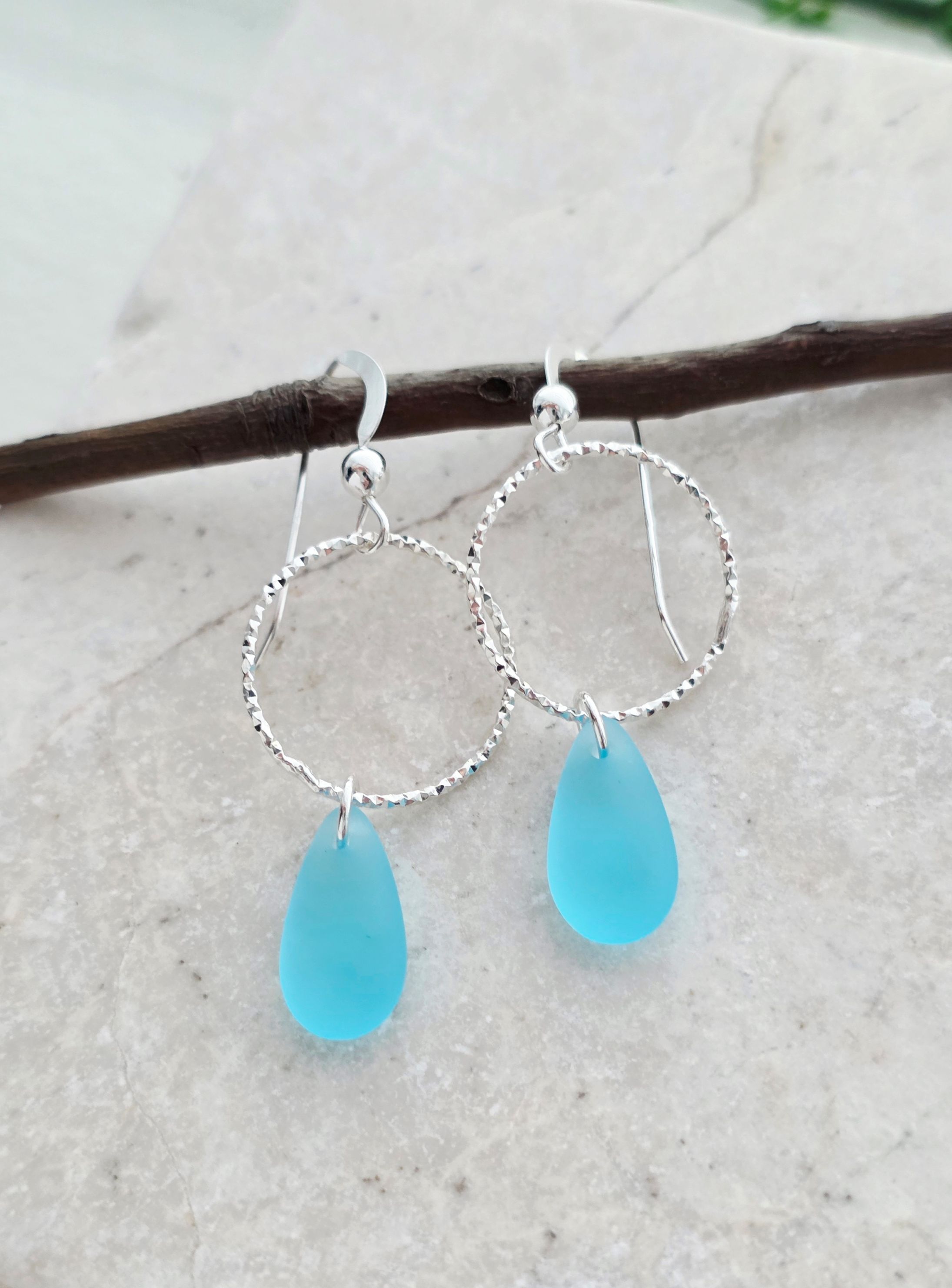 Cultured Sea Glass Diamond Cut Teardrop Earrings - Turquoise