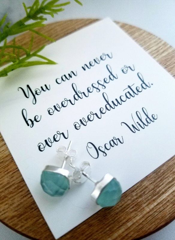 Silver Cushion Aqua Chalcedony Studs Earrings