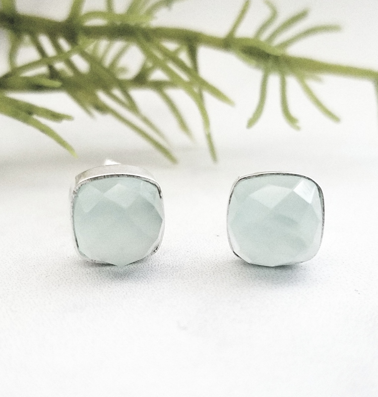 Silver Cushion Aqua Chalcedony Studs Earrings
