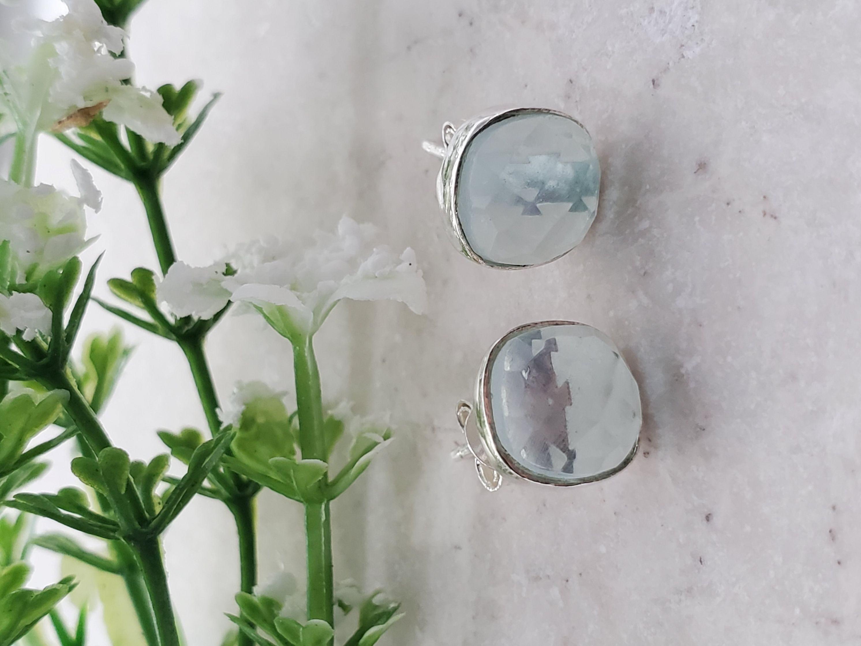 Sterling Silver Cushion Studs - Sea Foam Chalcedony