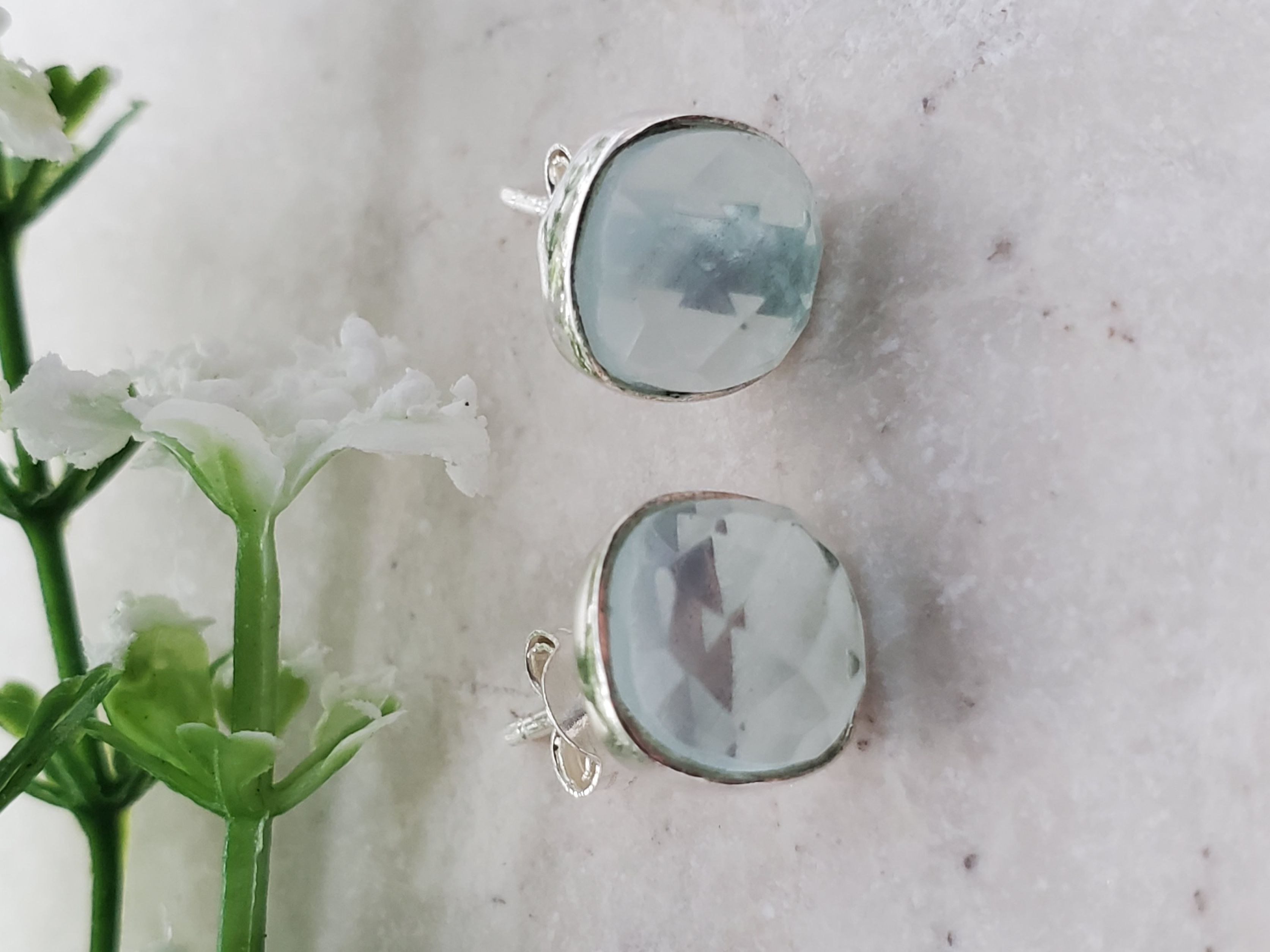 Sterling Silver Cushion Studs - Sea Foam Chalcedony